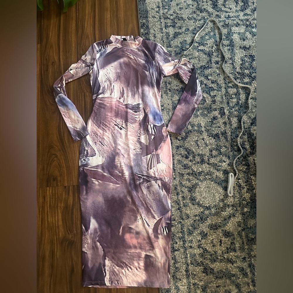 SHEIN Purple Marble-Print Long Sleeve Midi Dress